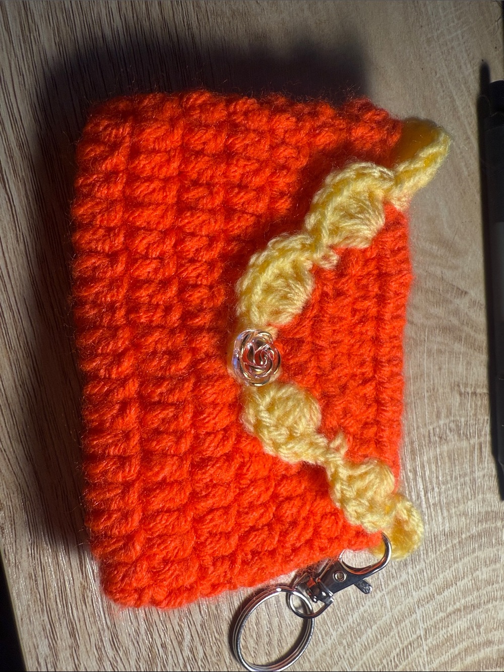 Handmade Orange Crochet Coin Purse with Yellow Trim